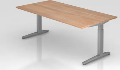 Produktbild von Schreibtisch Mika | Nussbaum | Silber Gestell | BxT 200x100cm | Arbeitshöhe 65-85cm | höhenjustierbar, 1cm Raster | C-Fuß-Gestell | Rechteckform