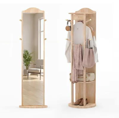 Imagen del producto de Espejo de cuerpo entero con soporte, perchero giratorio y madera natural
