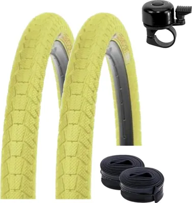 Immagine prodotto di 2 x Kenda K-907 Krackpot 20" BMX Pneumatici per biciclette Copertoni per biciclette in giallo 50-406 (20 x 1,95) + 2 camere d'aria AV abbinate incl. campanello per bicicletta