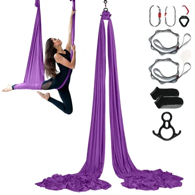 Immagine prodotto di VEVOR Set di amache per yoga aereo 8 x 2,8 m, altalena per yoga aereo viola, altalena per yoga aereo da interno 1000 kg di portata massima. Capacità di carico, inclusi calzini da yoga, moschettone in acciaio e snodo in alluminio