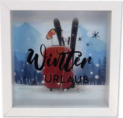 Produktbild von Spardose Winterurlaub aus Holz mit Glasfenster