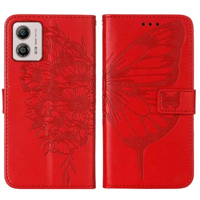 A red leather flip case for a smartphone, embossed with a floral pattern on one side and a butterfly on the other.