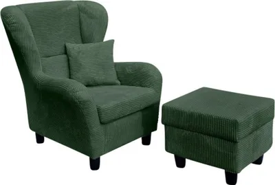 Produktbild von Ohrensessel mit Hocker Landhausstil Polster-TV-Lesesessel Cordstoff Grün / 18018