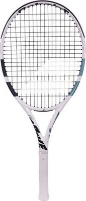 A white tennis racket with black and teal accents, shown against a white background.