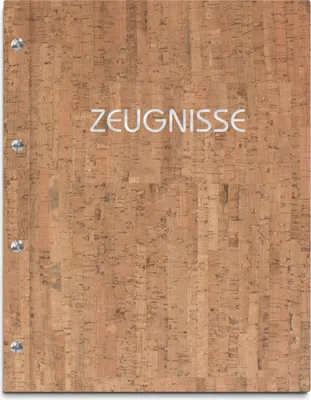 Produktbild von Zeugnismappe im hellen Korkeinband mit hochwertigem Prägedruck in silber – handgefertigte Mappe für Zeugnisse inkl. 12 Sichthüllen