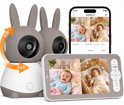 Produktbild von 2K-Babyphone setzen 2 Kameras PTZ 355 °, 5 "Babyphone MIT Automatische Follow-up, Erkennung von Weinen/PIR, Warnungen und App 4×Zoom Fernbedienung