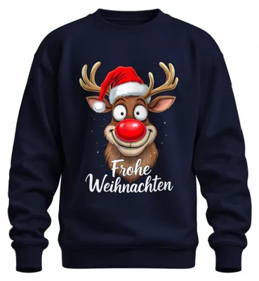 Productafbeelding van Vrolijke Kerst. Grappige rendier Rudolf. Kerstmuts. Cartoon. Uni sweatshirt/trui. Marineblauw, XXL