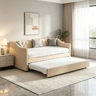 Produktbild von INONEFT Tagesbett Ausziehbar 90x200 cm, Schlafcouch Polsterbett Ausziehbar mit Gästebett, Schlafsofa mit Ausziehbett, Leinen, ohne Matratze,Beige