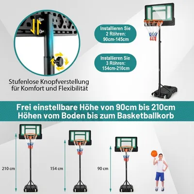 Obrázok produktu pre Basketbalový stojan 90/158-210 cm výškovo nastaviteľný basketbalový kôš so stojanom odolný voči poveternostným vplyvom vnútorný vonkajší zelený