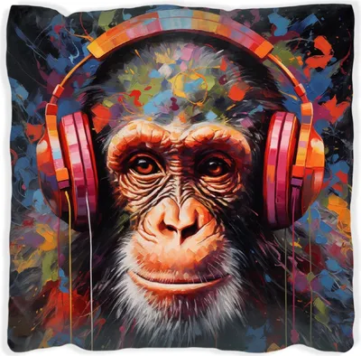 Produktbild von Wallario Premium Kissen, weiche Oberfläche, mit Motiv Schimpanse mit Kopfhörern, Größe: 60 x 60 cm, mit weißer Rückseite