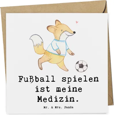 Produktbild von Mr. & Mrs. Panda Grußkarte Fuchs Fußball spielen - Weiß - Geschenk, Fußballmannschaft, faltkarte, Fußballverein, Turnier, Fußballtraining, Klappkarte, doppelkarte