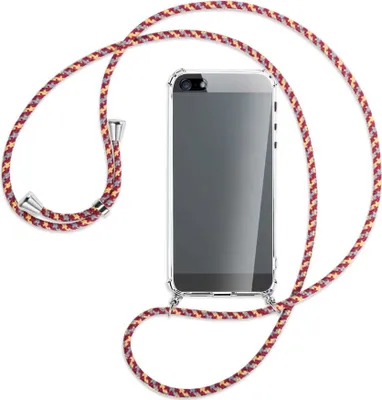 Produktbild von Handykette Backcover-Schutzhülle mit Band (Metall silberfarben) für Apple iPhone 5, 5S, SE - weinrot/gelb/grau