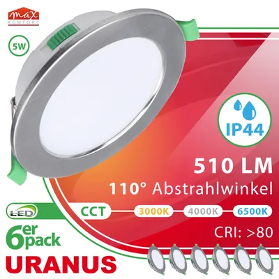Produktbild von 6x LED Einbaustrahler URANUS 5W IP44 Eisen gebürstet – Warmweiß, Neutralweiß, Kaltweiß -  3000K/4000K/6000K