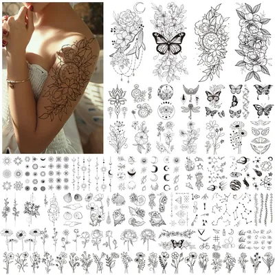 Image de Tatouages temporaires, motifs floraux et ailes de papillon, 61 feuilles, résistants à l'eau, pour femmes et enfants