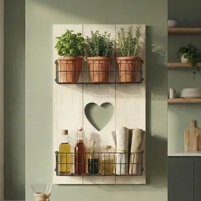 Productafbeelding van Wandplank HWC-D42, Wandpaneel met houten plank en manden, massief hout  wit, vintage look, 70x40x10 cm