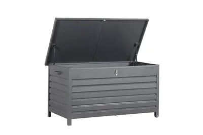 A grey outdoor storage box with its lid open, shown against a white background.