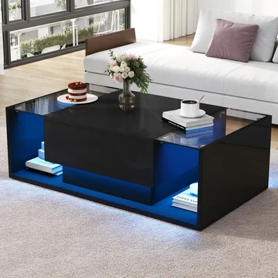Produktbild von MODFU Hochglanz-Couchtisch mit LED,Wohnzimmertisch Schwarz,100 x 50 x 31cm,Sofatisch mit Schublade, Kaffetisch aus gehärtetem Glas