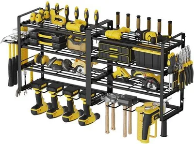 Productafbeelding van Unyqoos® Wandrek voor gereedschap – Metaal, 80x20 cm, 4 niveaus met 4 boorhouders, 32–48 plaatsen, zijhaken, werkplaatsorganizer
