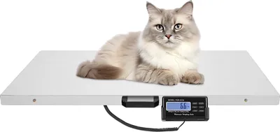 Immagine prodotto di Bilancia per animali, peso massimo 300 kg / 660 lbs, peso minimo 0,4 kg / 0,88 lbs, dimensioni 103,5 cm x 53 cm x 4 cm, alimentazione tramite adattatore o batterie, modalità di precisione doppia