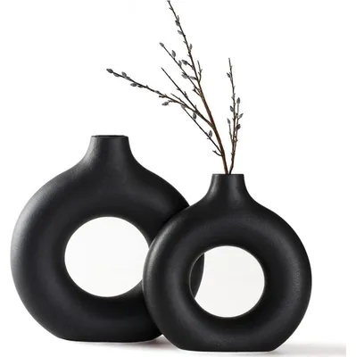 Produktbild von Vasen Set 2 Stück Schwarz Matt Keramik Donut Design für Pampasgras & Trockenblumen