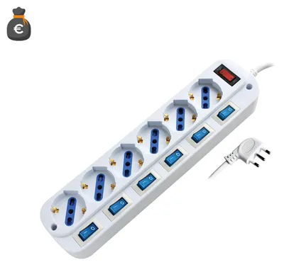 Produktbild von Alcapower 6-fach Steckdosenleiste, Schuko/Bipasso, Einzelschalter, 1,5m Kabel, 3500W, 16A Italien-Stecker 90 Grad.