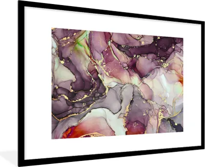 Produktbild von MuchoWow® Gerahmtes Poster Marmor - Rot - Lila - Gold 90x60 cm - Poster mit Schwarzem Bilderrahmen Wandposter Rahmen Foto Bilder - Wanddekoration - Fotos