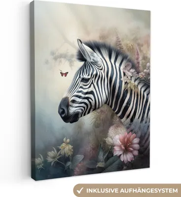 Produktbild von MuchoWow® - Leinwandbilder - Zebra - Wilde Tiere - Schmetterling - Blumen, Wandbild, Wanddeko Bilder Wohnzimmer, 60x80cm