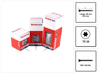 Produktbild von fischer Spanplattenschraube PowerFast, FPF II CTF 6,0 x 60 BC 200 Senkkopf mit Innenstern TX Vollgewinde galvanisch verzinkt, blau passiviert, 200 Stück