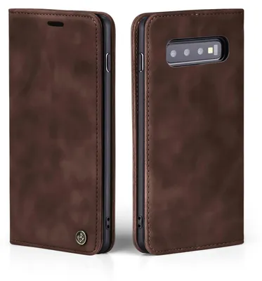 A brown leather flip case for a smartphone is shown from two angles.