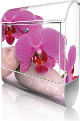 Produktbild von banjado Design Briefkasten Stahl weiß mit Zeitungsfach pulverbeschichtet "Orchidee" 38x46x12,5cm & 2 Schlüssel - Postkasten A4 Einwurf inkl. Montagematerial [BKW 10086]