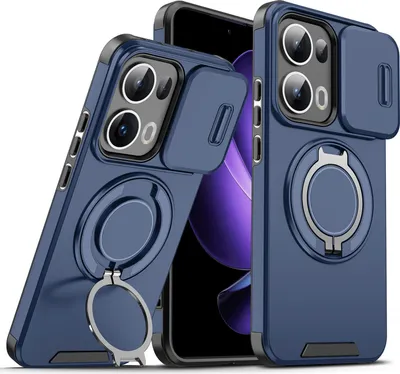 Immagine prodotto di Custodia a doppio strato per Oppo Reno13 Pro, con copertura scorrevole della fotocamera e supporto magnetico ad anello Blu