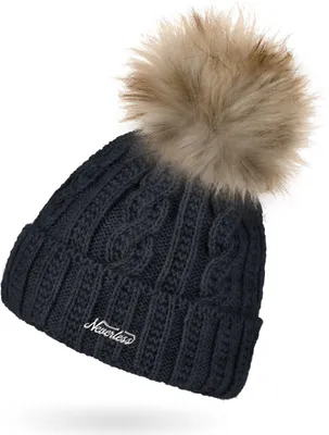 Produktbild von Damen Strick-Mütze mit Innenfutter Fleece Fell-Bommel Kunstfell Bommelmütze Zopfstrickmuster Umschlag Neverless® schwarz unisize