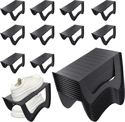 Immagine prodotto di QEENTOE, 30 pezzi, supporti antiscivolo per scarpe, fessure per scarpe in PP, porta scarpe antiscivolo, scaffali per scarpe, organizer per scarpe salvaspazio, contenitore per scarpe a doppio strato, organizer per scarpe da armadio, 25x14,5x14 cm, nero