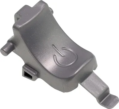 A close-up studio shot of a gray power button switch for a vacuum cleaner.