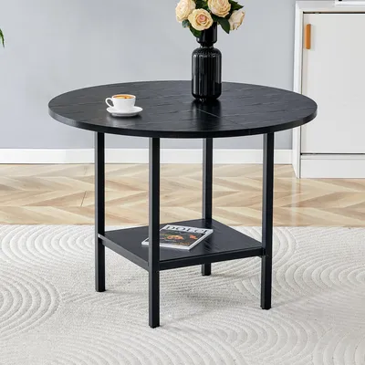 Produktbild von Runder Esstisch 100 cm mit Stauraumregal – Moderner Tisch in Schwarz-Holzmaserung, Metallrahmen, 4-6 Personen, für Küche, Esszimmer & kleine Räume, 100x100x77 cm