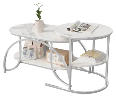 Obrázek produktu pro Sada konferenčních stolků – konferenční stolek – mramorový vzhled – kovová konstrukce – minimalistický moderní styl – stříbrná barva