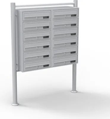Produktbild von System skrzynek na listy Wiltec 12 w kolorze srebrnym 270 x 898 x 1500 mm, wolnostojąca skrzynka na listy z 2x6 przegródkami, kluczem i tabliczką znamionową, skrzynka na listy Skrzynka pocztowa ze stojakiem