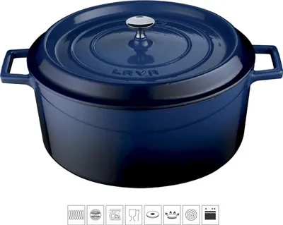 A blue enameled cast iron pot with a lid and silver knob, shown from a slightly elevated front-left angle against a white background. Below the pot are several small icons representing product features.