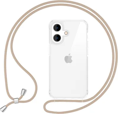 A clear iPhone case with a beige lanyard is shown against a white background.