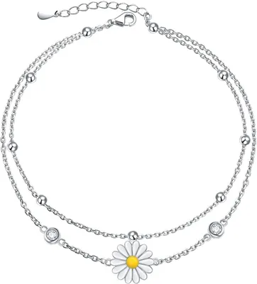 Productafbeelding van Zilveren enkelbandje met madeliefjes, parels en bloemen, verstelbaar, 23-26 cm, sieraden voor dames