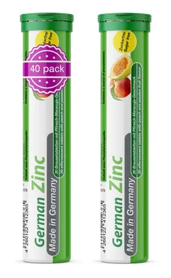 Produktbild von German Zink Brausetabletten 2x20 Stk. Pfirsich-Maracuja Geschmack - 5 mg Zink Zuckerfrei - T&D Pharma – Germany