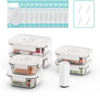 Produktbild von Eco-Vacuümset mit 6 Gläsern, magnetronbeständig, BPA-frei, luchtdicht, mit Deckseln, handbetrieben.