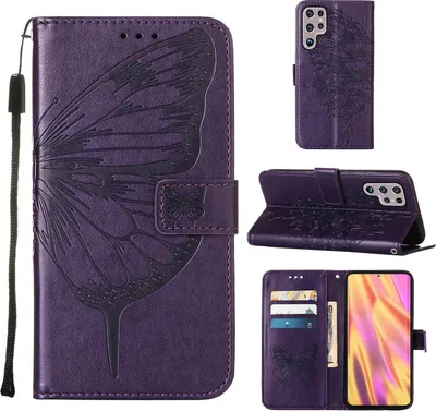 Produktbild von Galaxy S22 Ultra 5G Hülle, Schmetterling Prägung Flip Leder Kartenfächer Schutzhülle Ledertasche mit Ständer für Samsung Galaxy S22 Ultra 5G Lila