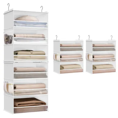 Produktbild von Hängeorganizer, Schrankorganizer, teilbares Hängeregal, Hängeaufbewahrung, faltbar und platzsparend, Metallhaken und Bambuseinsätze, Wolkenweiß RCH007W01