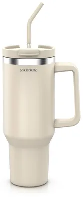 Productafbeelding van Arendo thermosbeker, 1200 ml, van roestvrij staal, met handvat en rietje, dubbelwandig, houdt 6 uur warm en 12 uur koud, 1 stuk, beige