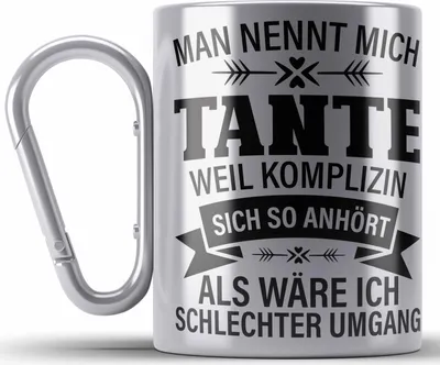 Produktbild von Trendation - Tante Geschenk Edelstahl Tasse Karabiner Lustiger Spruch Komplizin Schlechter Umgang Geschenkidee für Beste Tante (Silber)