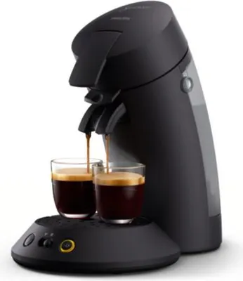 A black Senseo coffee machine brewing coffee into two small glasses.