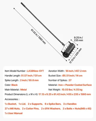 Zdjęcie produktu dla Wentylator do trawników, obsługa ręczna, kompaktowa wentylacja gleby, 18 cali