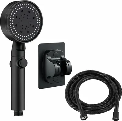 A black shower head, hose, and wall mount are displayed against a white background.