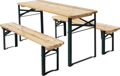 Produktbild von ML-Design Kindersitzgruppe 3tlg. klappbar, Natur/Grün, Massivholz & Metall, Kindersitzgarnitur 2 Bänke mit Kindertisch, Kinderfestzeltgarnitur Outdoorr